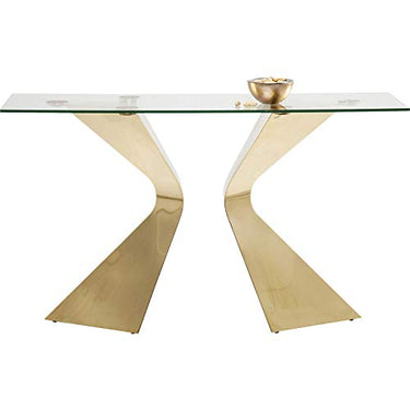 Kare Design Konsole Gloria, Konsolentisch, skulpturales Gestell, Glasplatt, gold, 82x140x45cm (H/B/T) im Sale